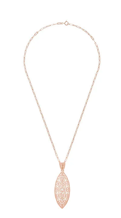 Filigree Leaf Art Deco Rose Gold Vermeil Diamond Pendant Necklace in Sterling Silver