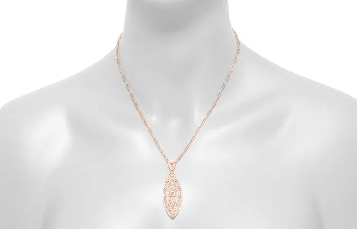 Filigree Leaf Art Deco Rose Gold Vermeil Diamond Pendant Necklace in Sterling Silver
