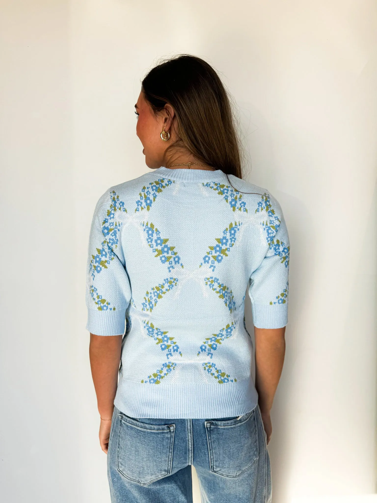 Floral Ribbon Short Sleeve Sweater
