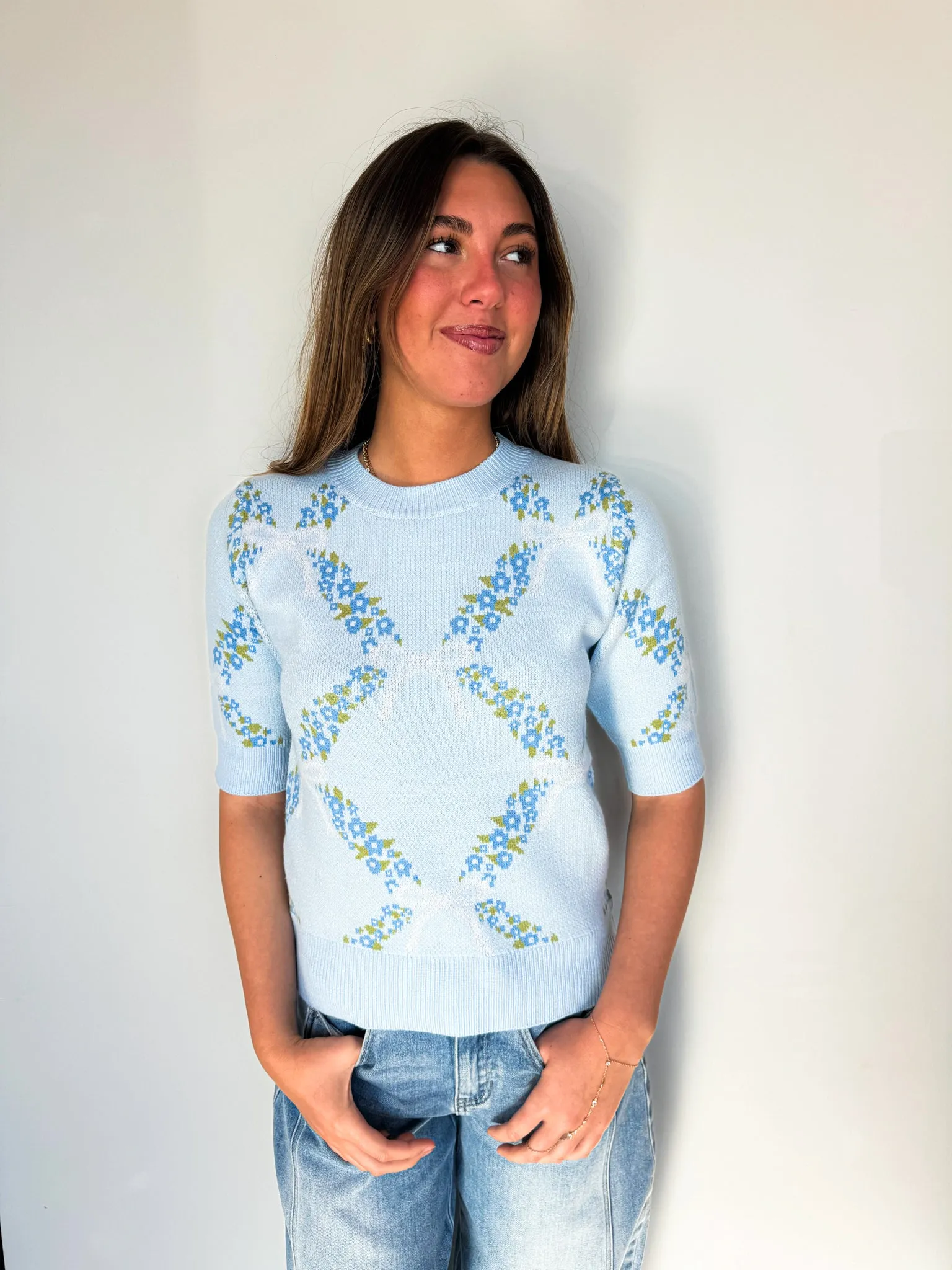 Floral Ribbon Short Sleeve Sweater