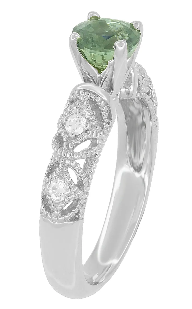 Freda Antique Inspired Filigree Green Sapphire and Diamond Engagement Ring in 14K White Gold