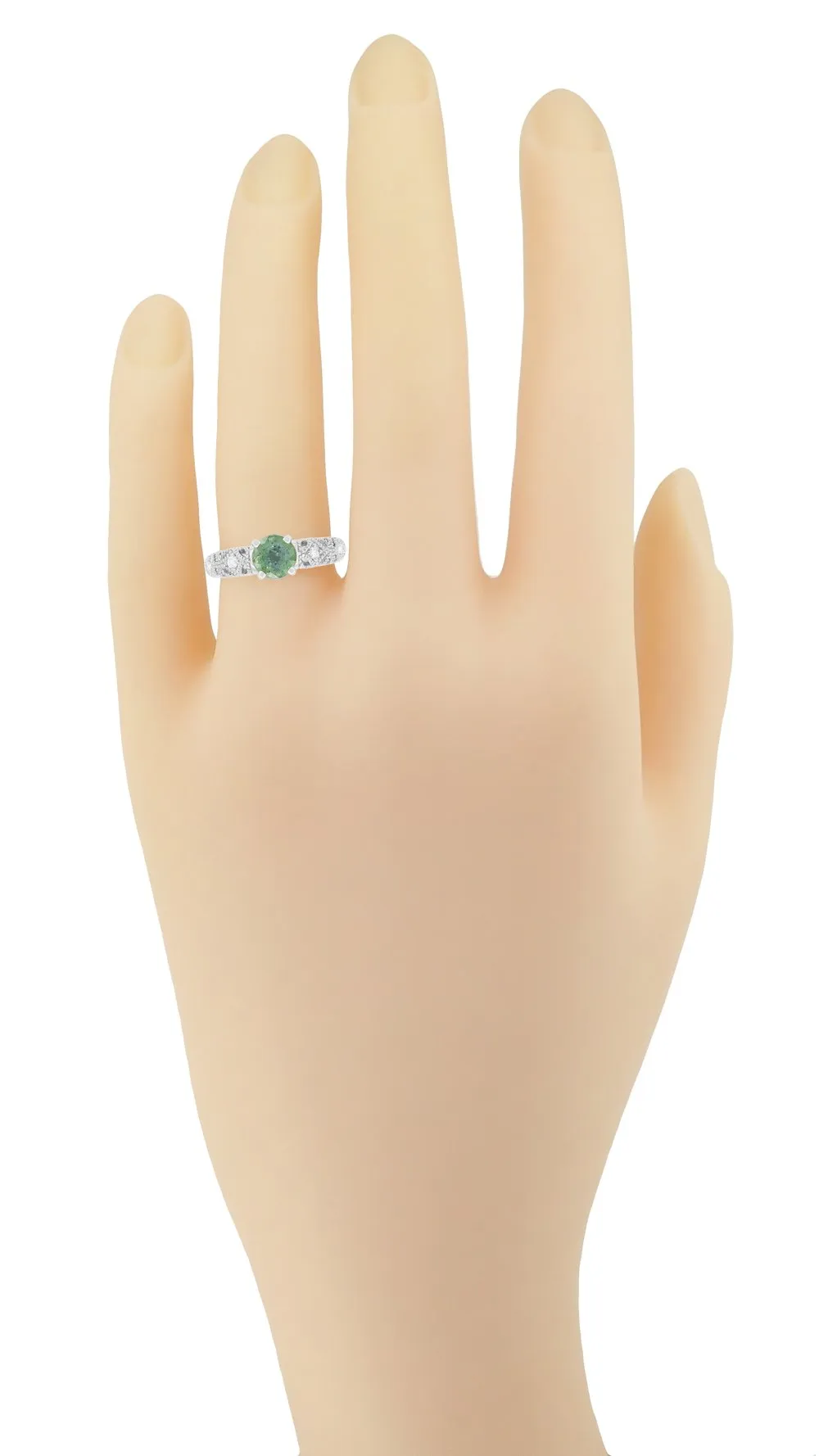 Freda Antique Inspired Filigree Green Sapphire and Diamond Engagement Ring in 14K White Gold