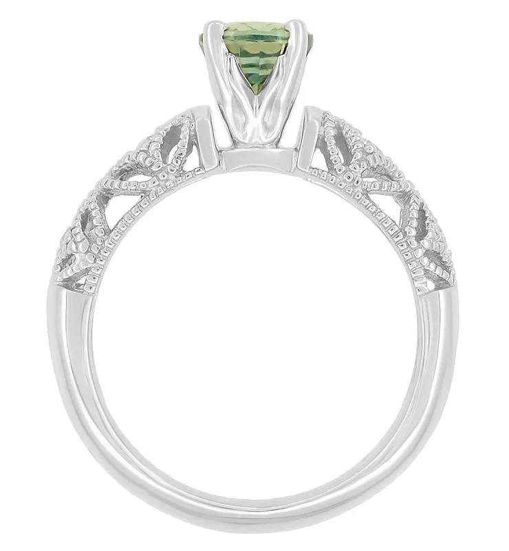 Freda Antique Inspired Filigree Green Sapphire and Diamond Engagement Ring in 14K White Gold