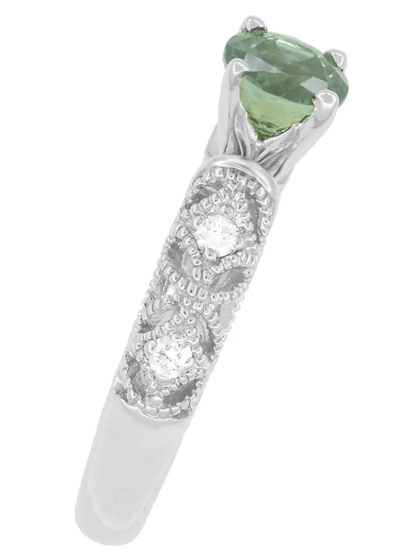 Freda Antique Inspired Filigree Green Sapphire and Diamond Engagement Ring in 14K White Gold
