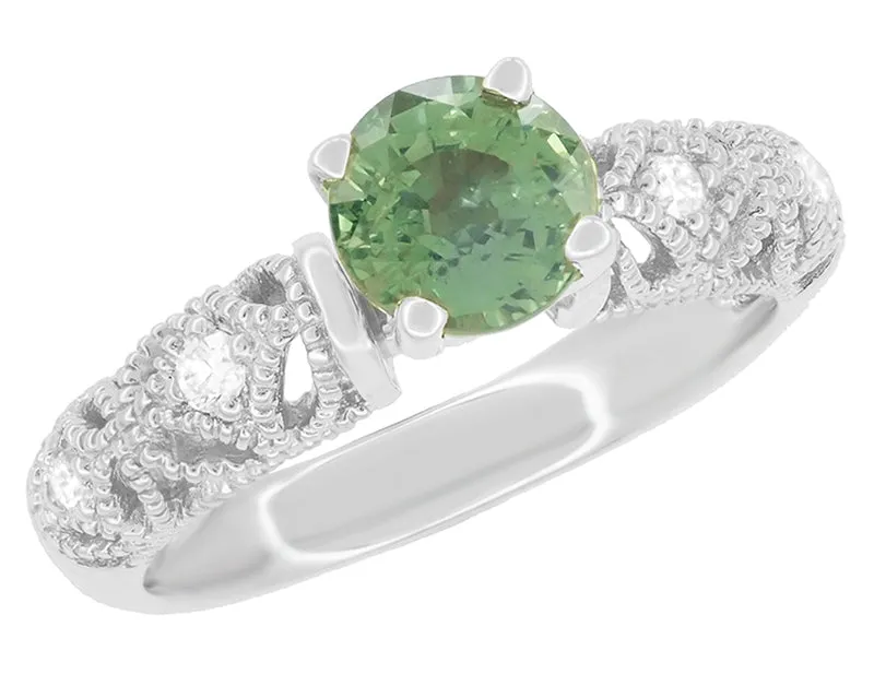 Freda Antique Inspired Filigree Green Sapphire and Diamond Engagement Ring in 14K White Gold