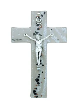 Genuine Murano Glass Crucifix, Beige with Black & Copper, 8 in