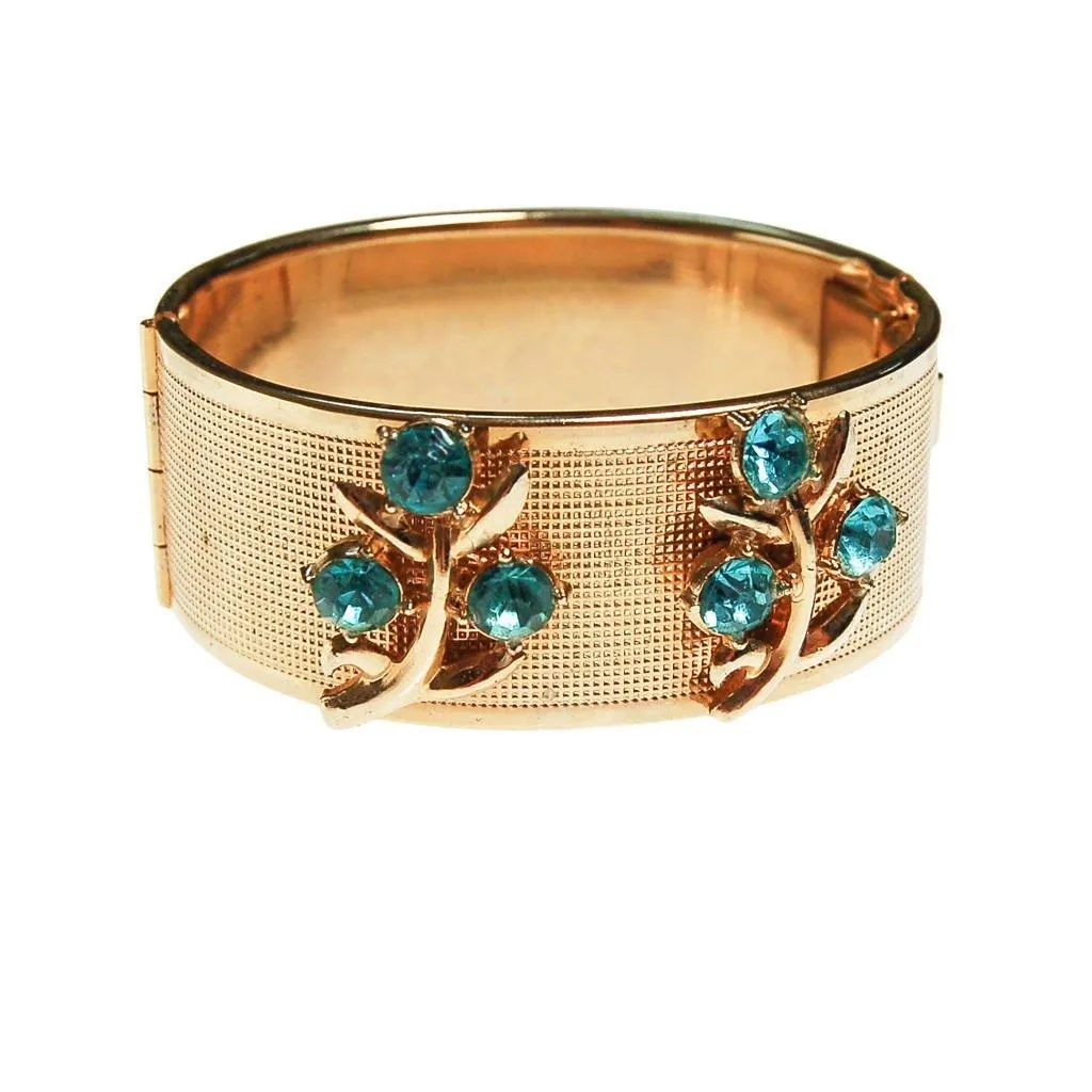 Gold Bangle Bracelet with Blue Rhinestones