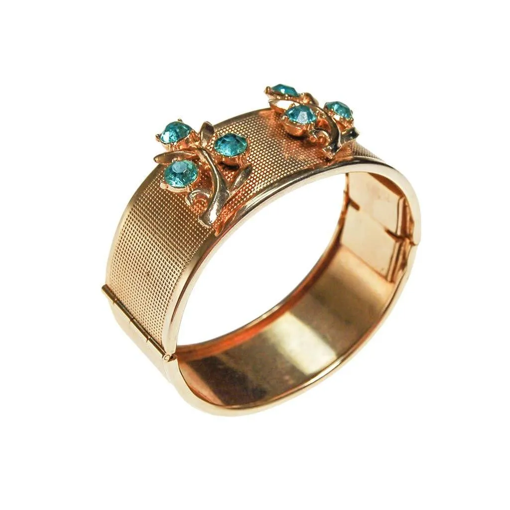 Gold Bangle Bracelet with Blue Rhinestones