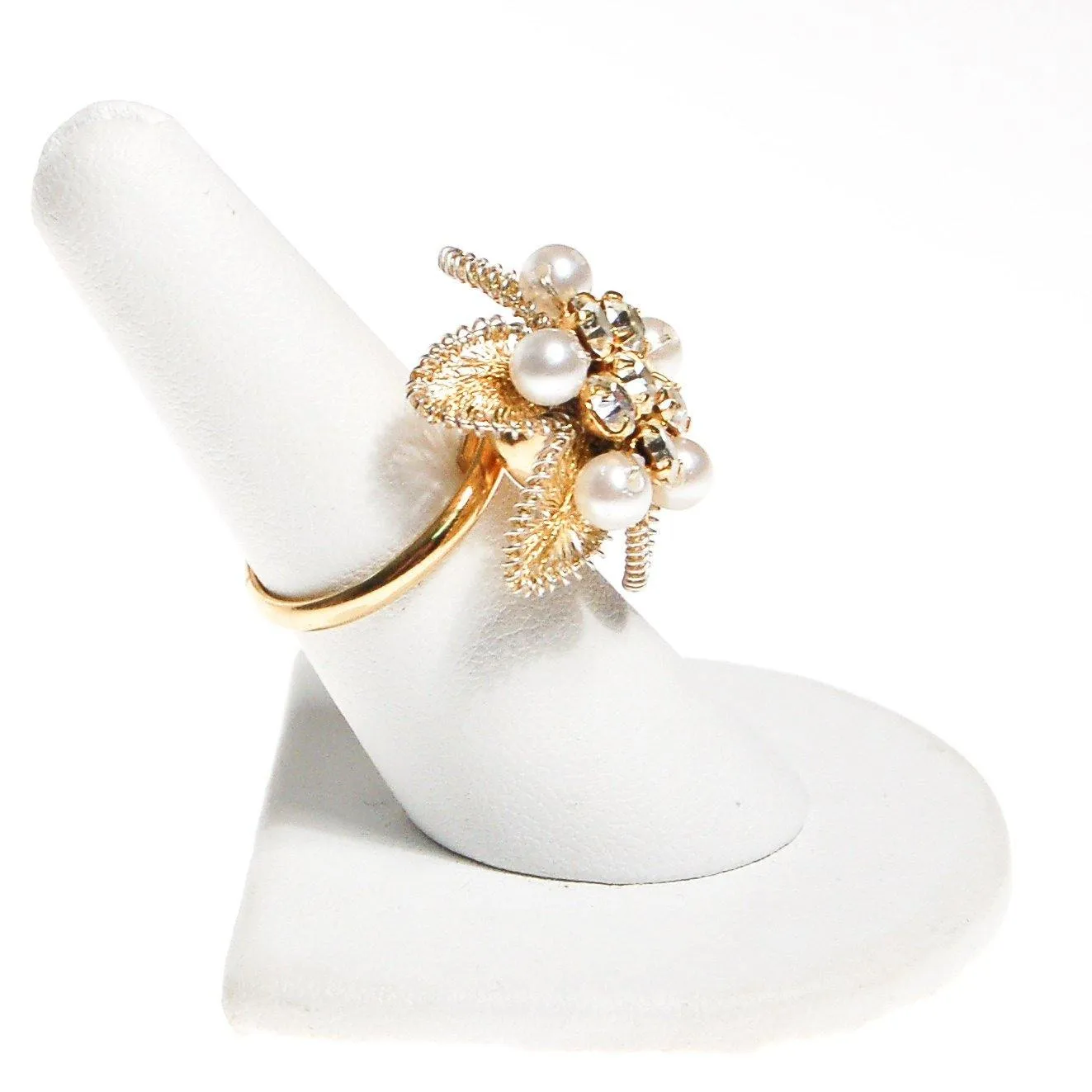 Gold Filigree, Rhinestones, and Pearl Flower Ring