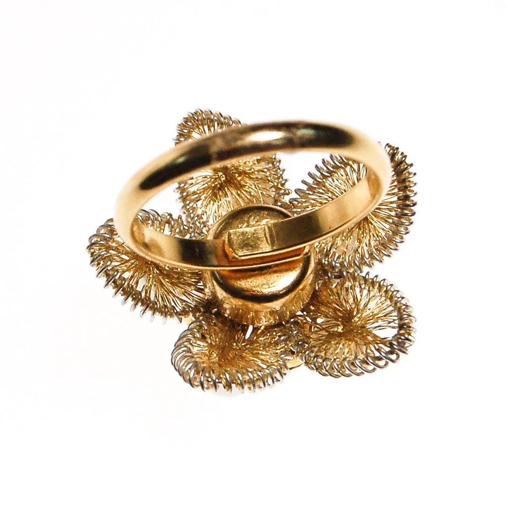 Gold Filigree, Rhinestones, and Pearl Flower Ring