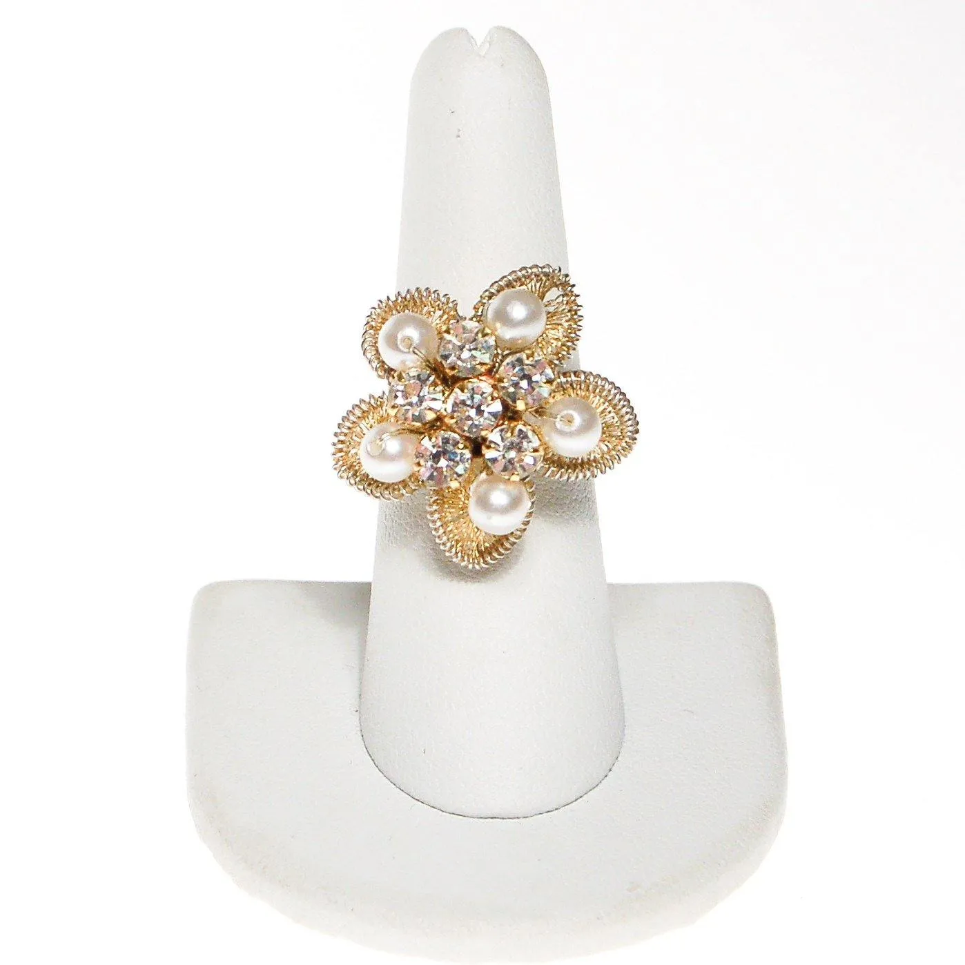 Gold Filigree, Rhinestones, and Pearl Flower Ring