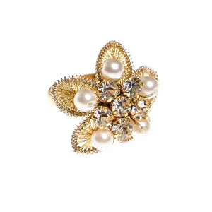 Gold Filigree, Rhinestones, and Pearl Flower Ring