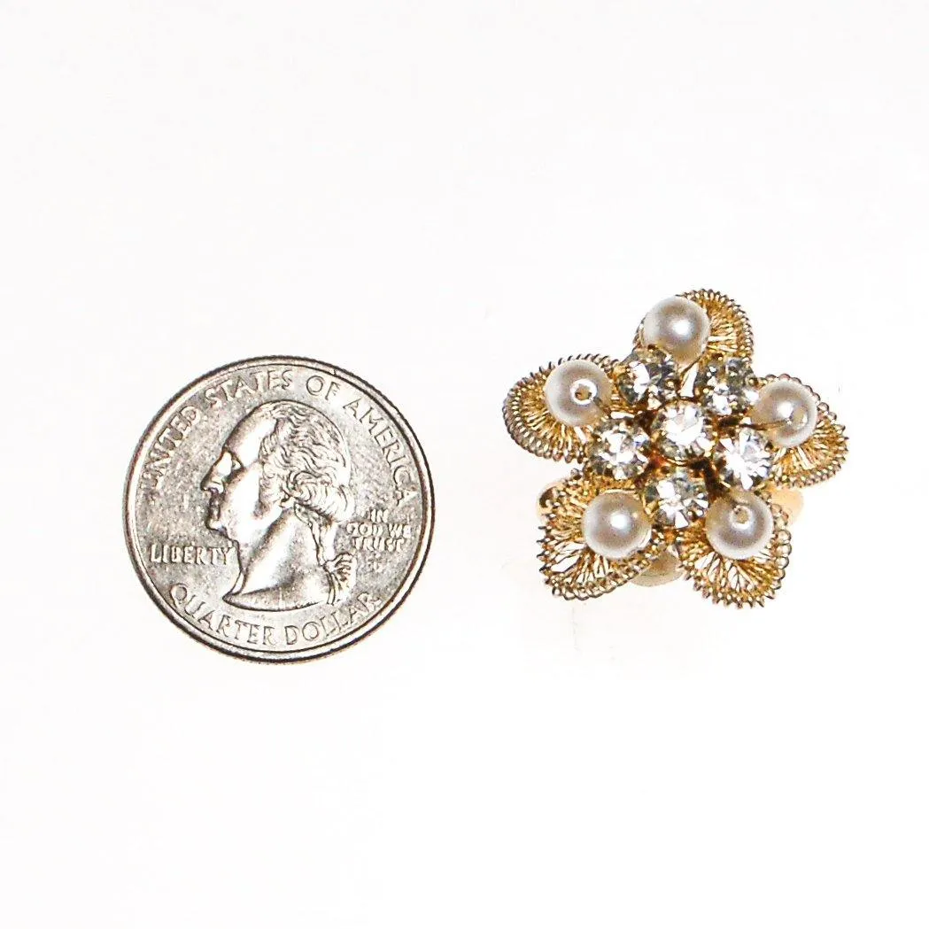 Gold Filigree, Rhinestones, and Pearl Flower Ring