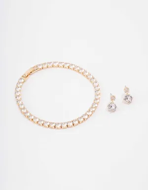 Gold Round Tennis Bracelet & Earring Set