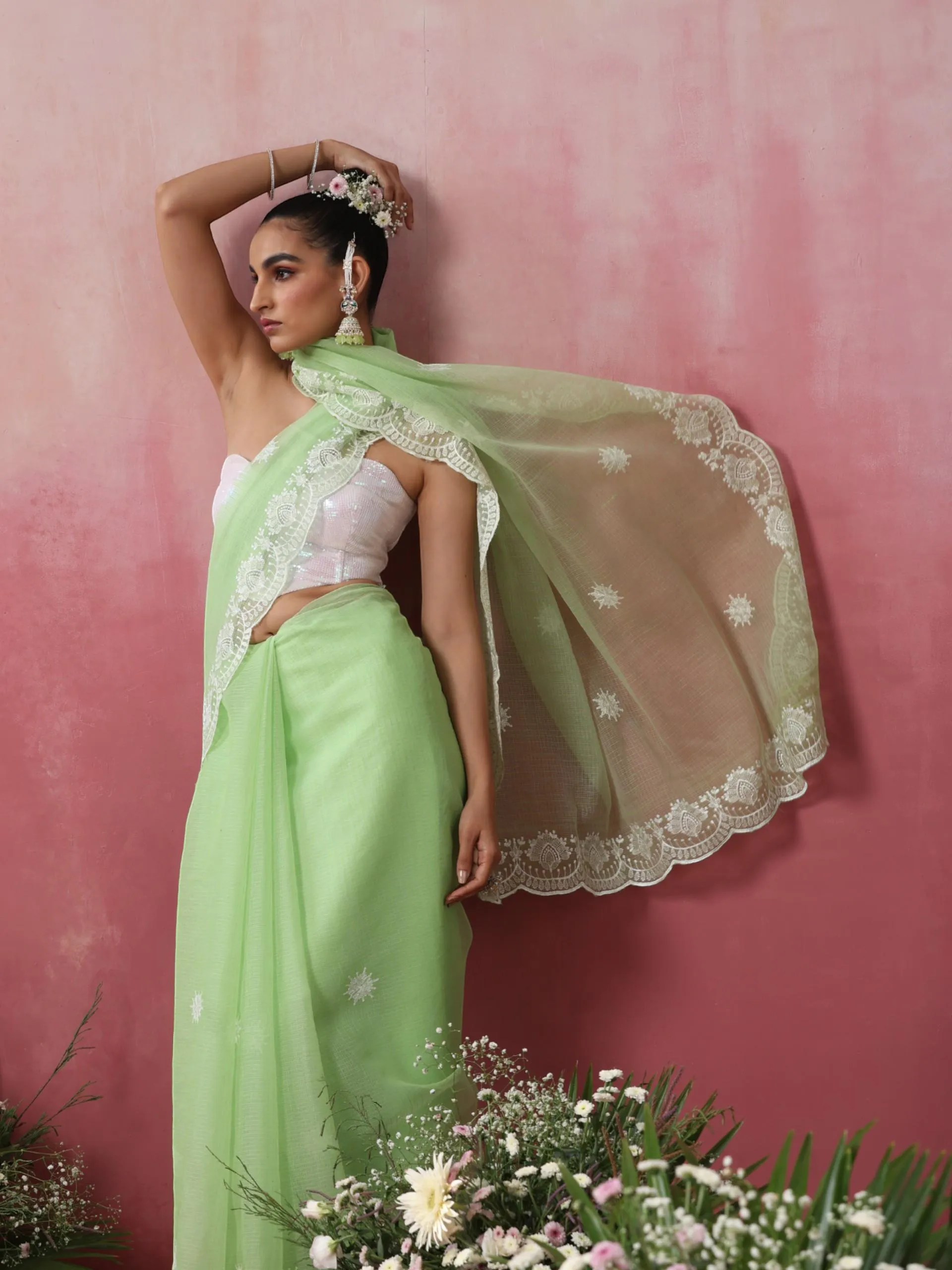 Green Cotton Kota Saree with Scallop Embroidery