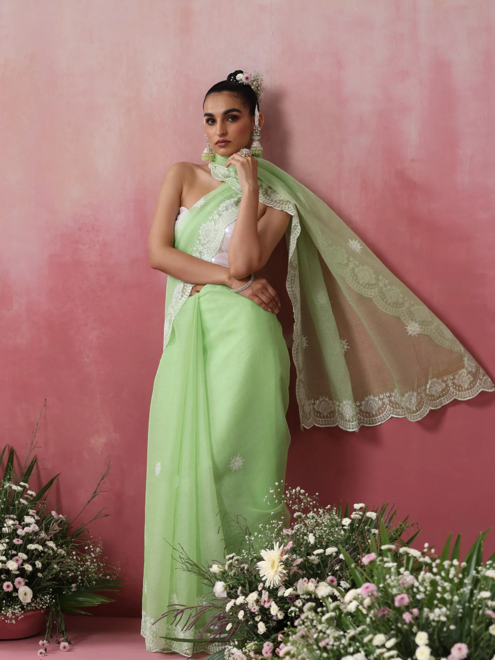 Green Cotton Kota Saree with Scallop Embroidery