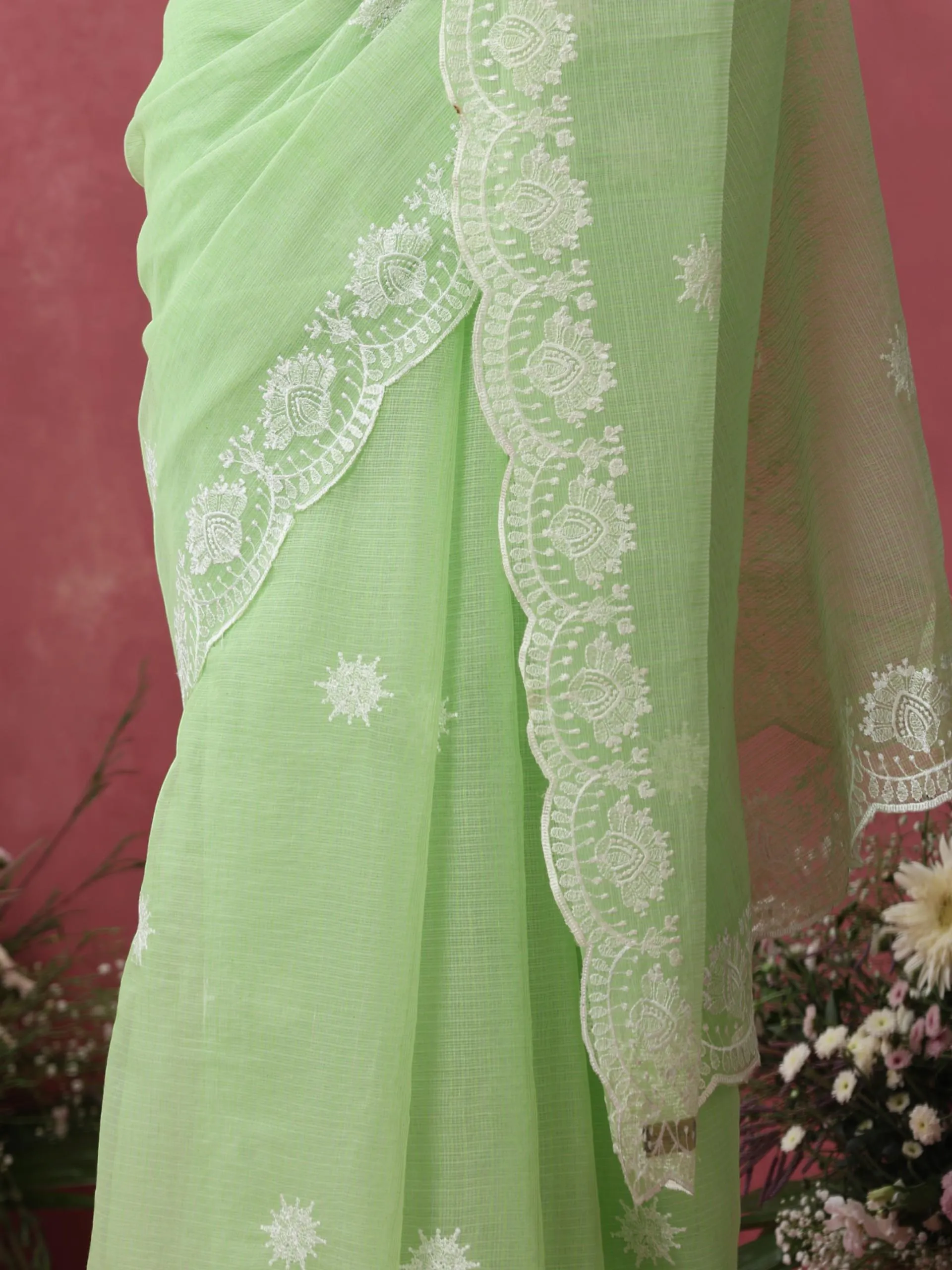 Green Cotton Kota Saree with Scallop Embroidery