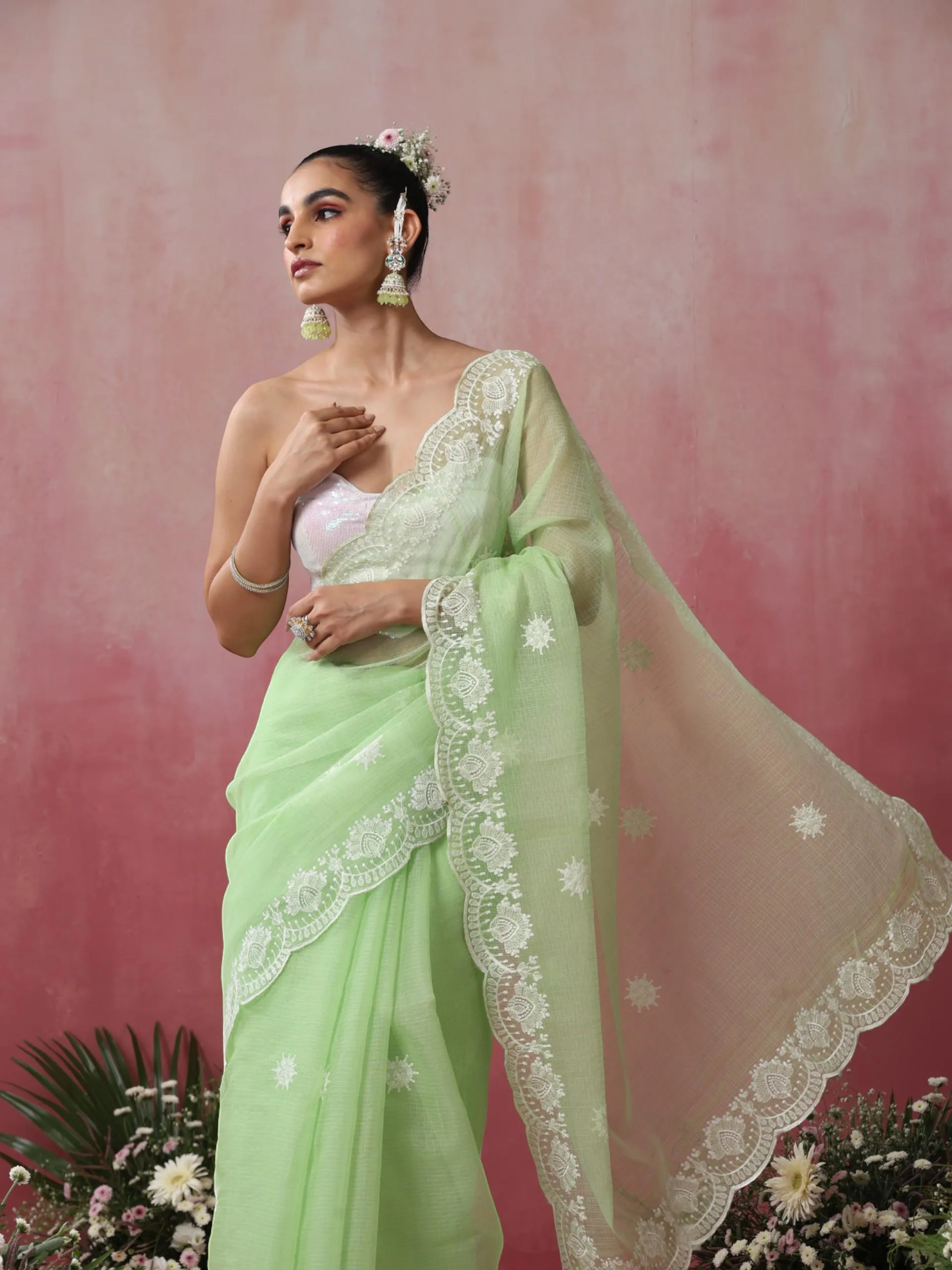 Green Cotton Kota Saree with Scallop Embroidery