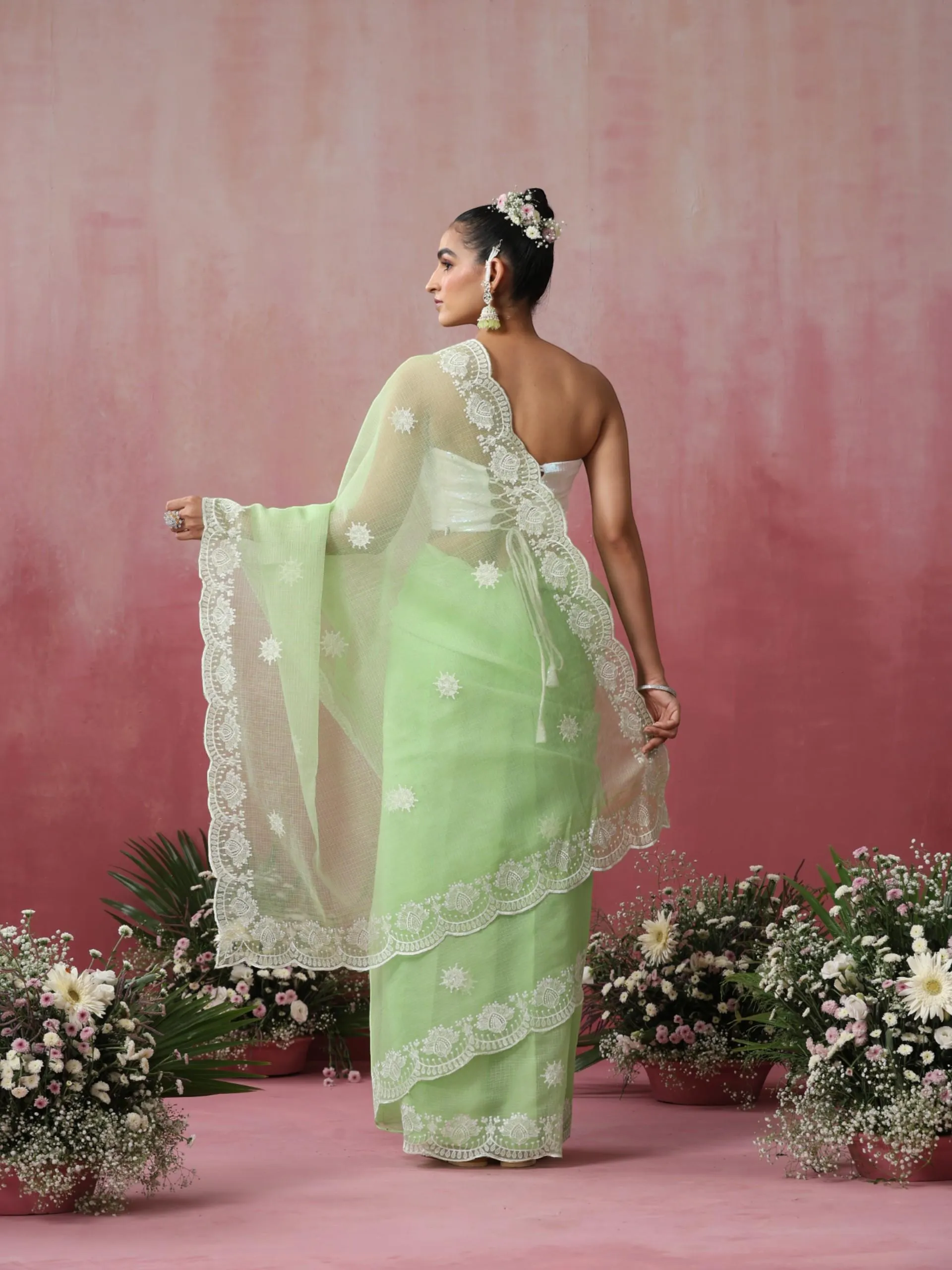 Green Cotton Kota Saree with Scallop Embroidery