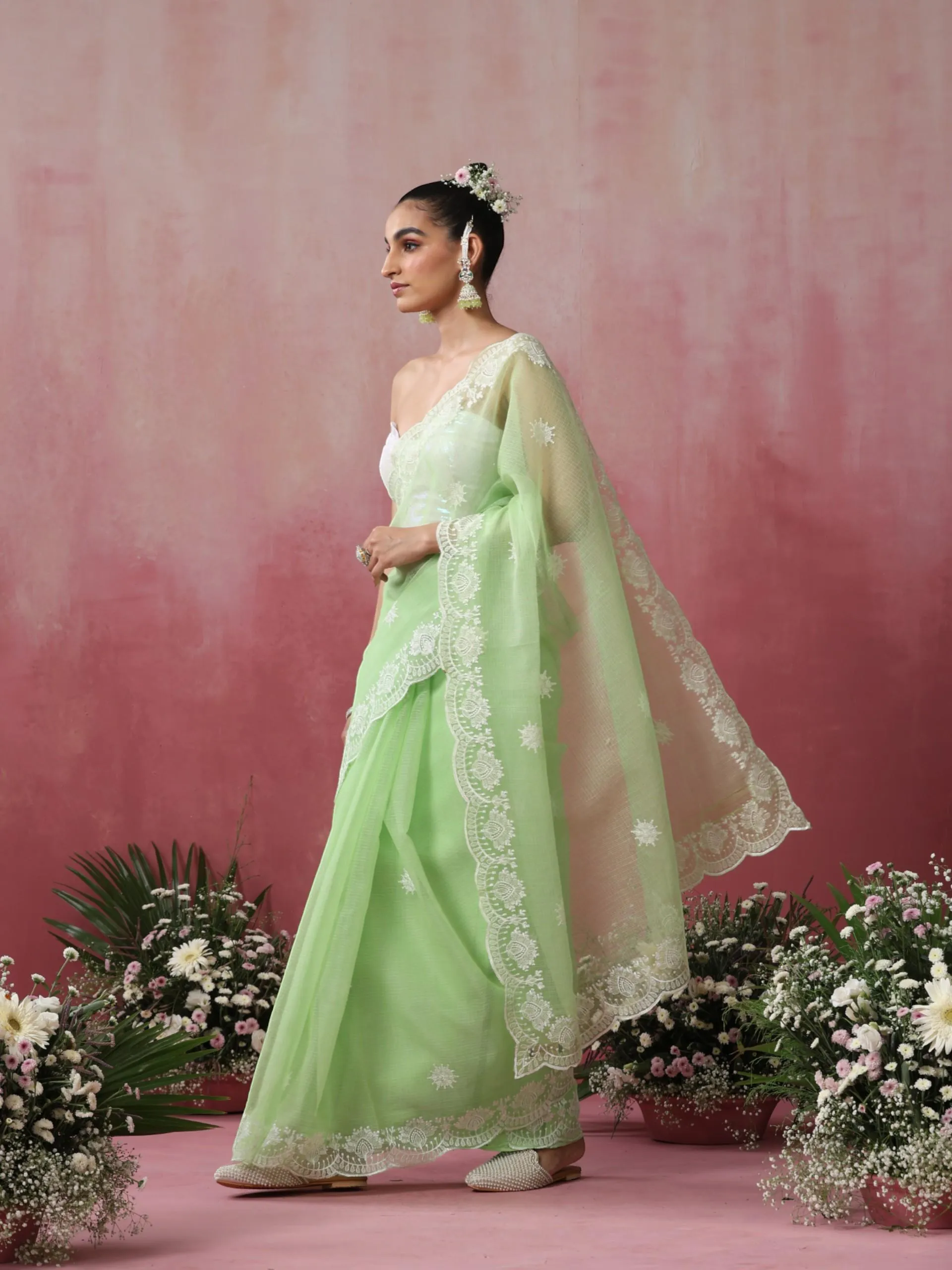 Green Cotton Kota Saree with Scallop Embroidery