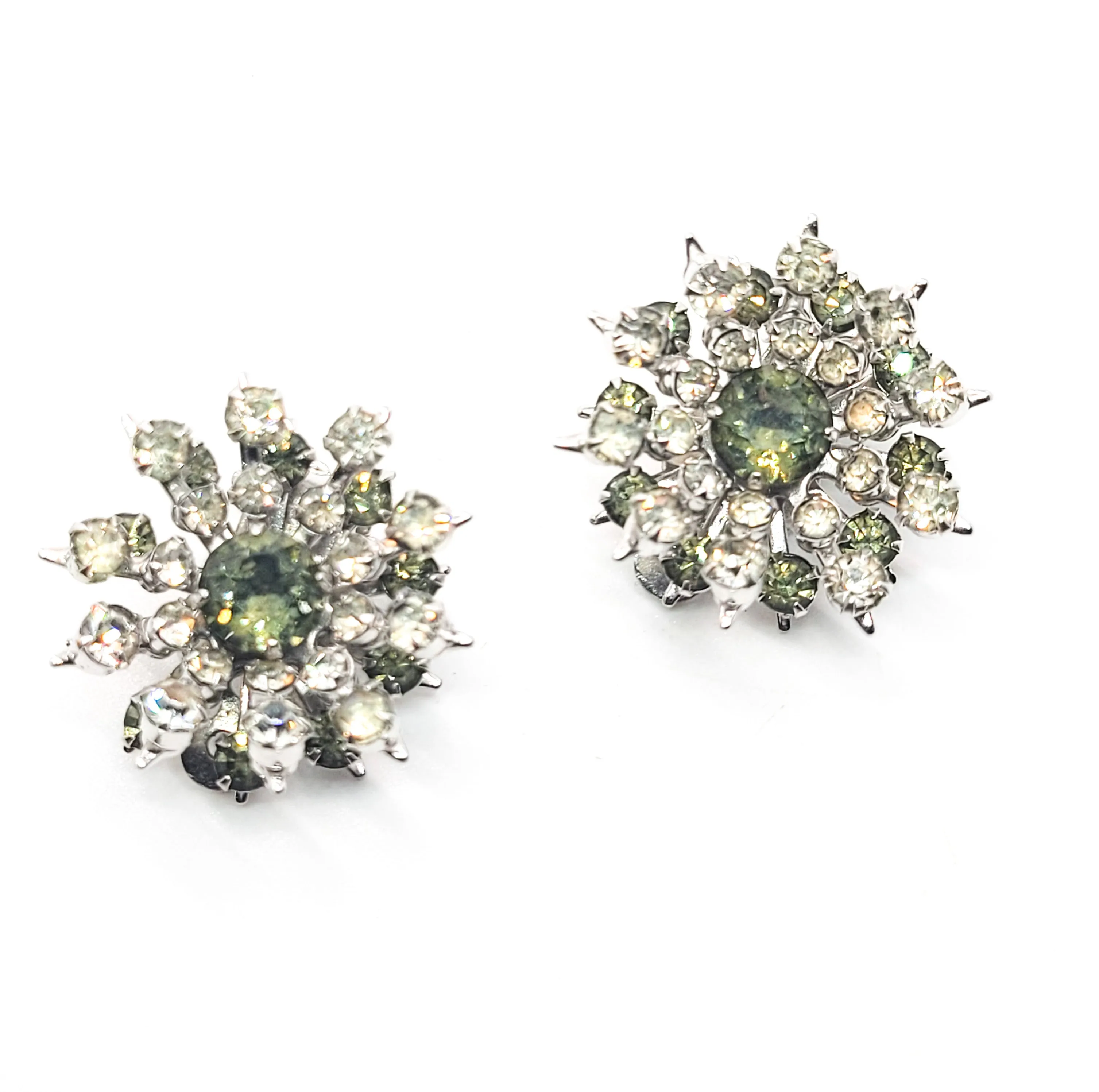Grey and clear vintage cluster layered rhinestone flower clip on earrings