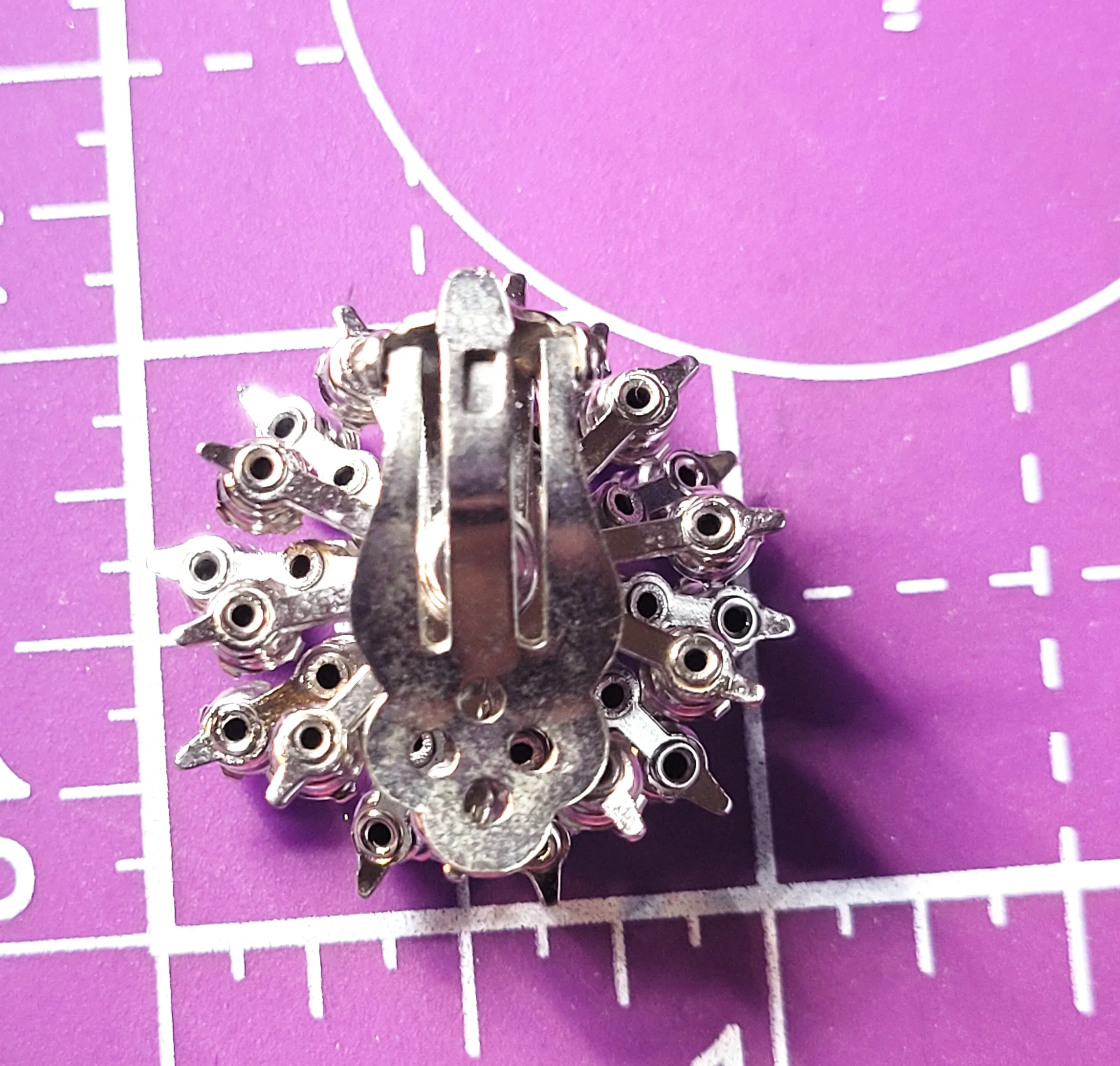Grey and clear vintage cluster layered rhinestone flower clip on earrings