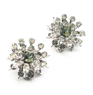 Grey and clear vintage cluster layered rhinestone flower clip on earrings