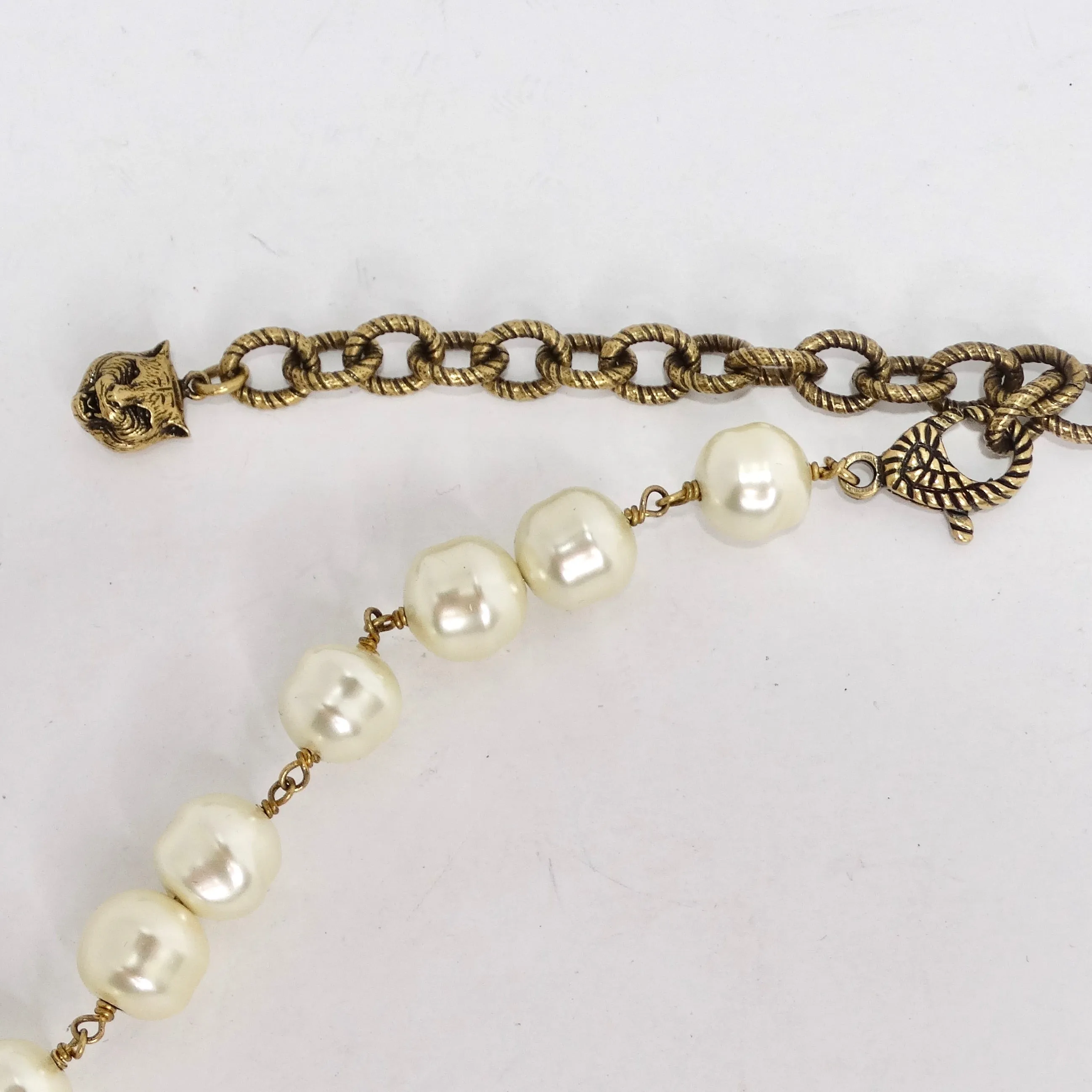 Gucci Multicolor Crystal Faux Pearl Logo Pendent Necklace
