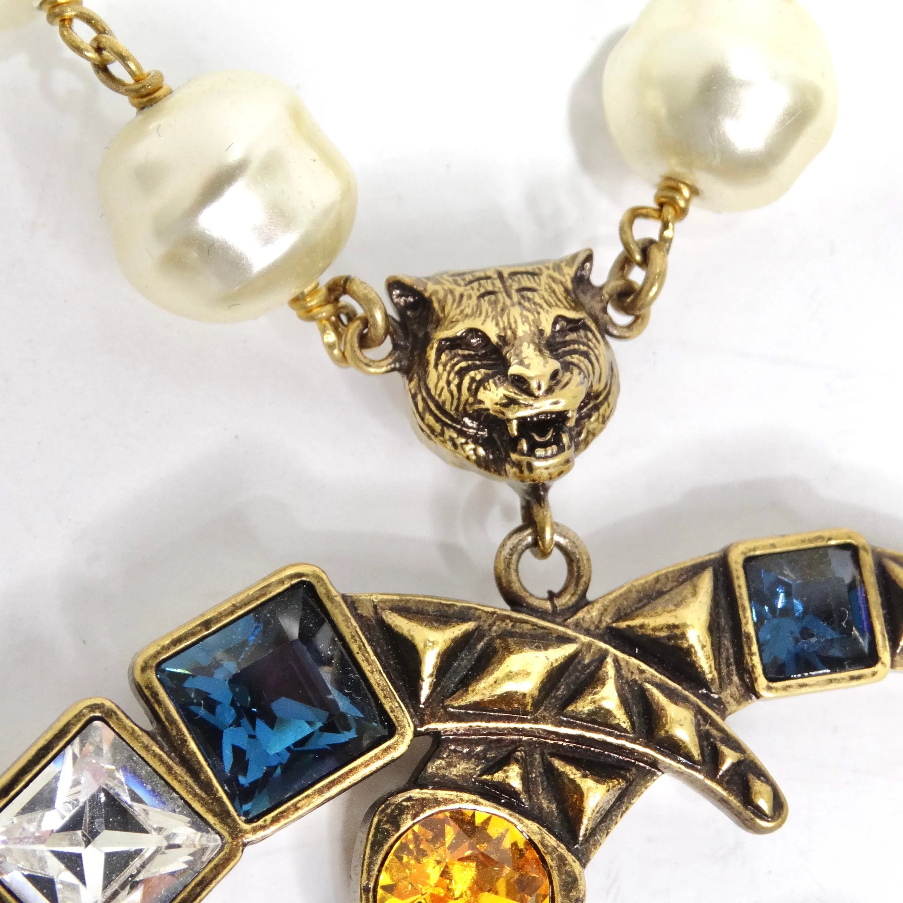 Gucci Multicolor Crystal Faux Pearl Logo Pendent Necklace