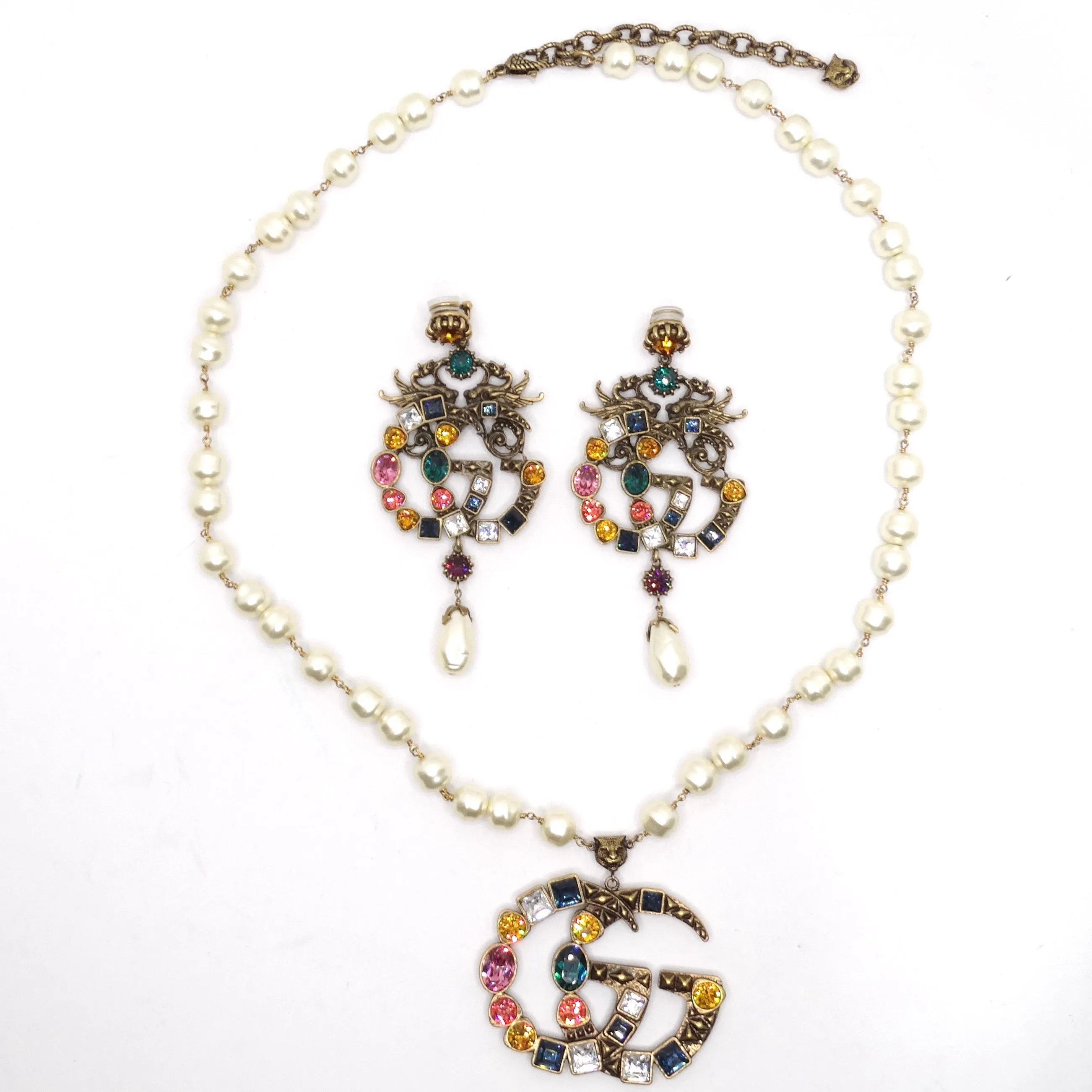 Gucci Multicolor Crystal Faux Pearl Logo Pendent Necklace