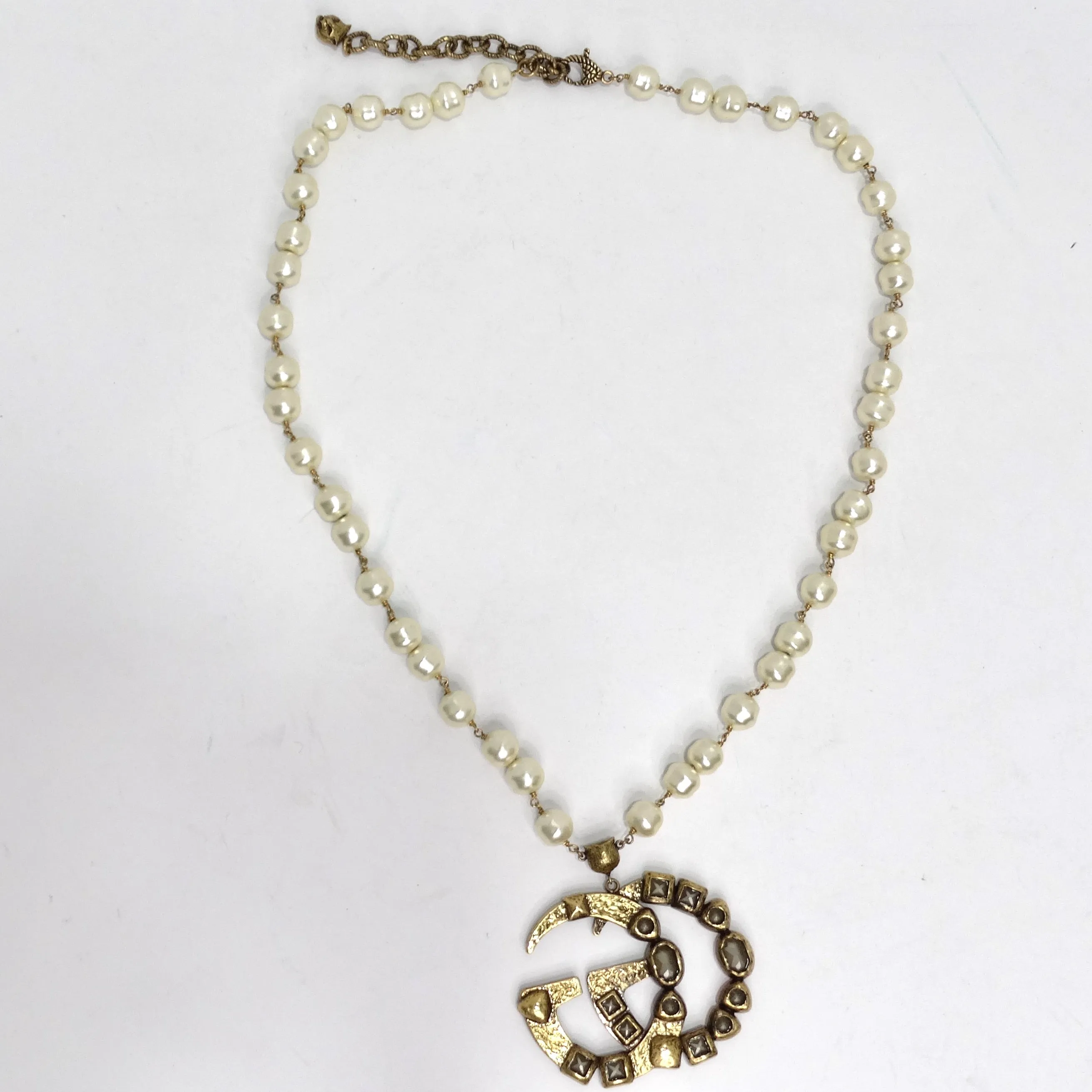 Gucci Multicolor Crystal Faux Pearl Logo Pendent Necklace