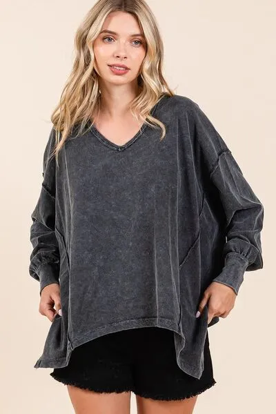 Hazel Blues® |  Mittoshop Mineral Wash V-Neck Long Sleeve Oversized Top