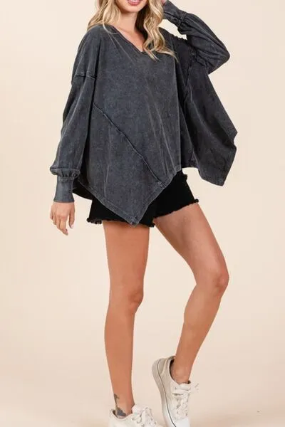 Hazel Blues® |  Mittoshop Mineral Wash V-Neck Long Sleeve Oversized Top