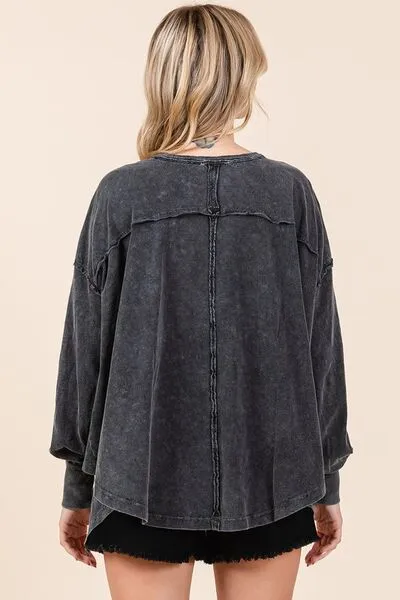Hazel Blues® |  Mittoshop Mineral Wash V-Neck Long Sleeve Oversized Top