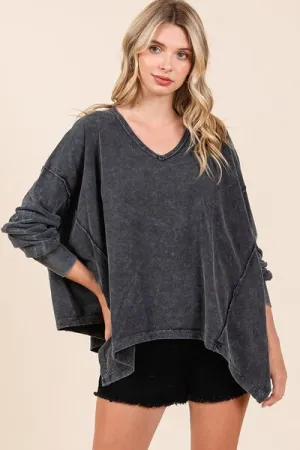 Hazel Blues® |  Mittoshop Mineral Wash V-Neck Long Sleeve Oversized Top