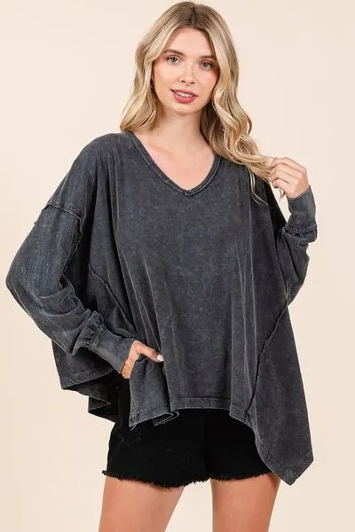 Hazel Blues® |  Mittoshop Mineral Wash V-Neck Long Sleeve Oversized Top