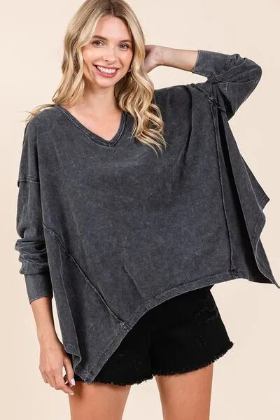 Hazel Blues® |  Mittoshop Mineral Wash V-Neck Long Sleeve Oversized Top