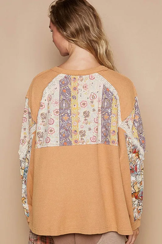 Hazel Blues® |  POL Waffle-Knit Lace Detail Round Neck Top