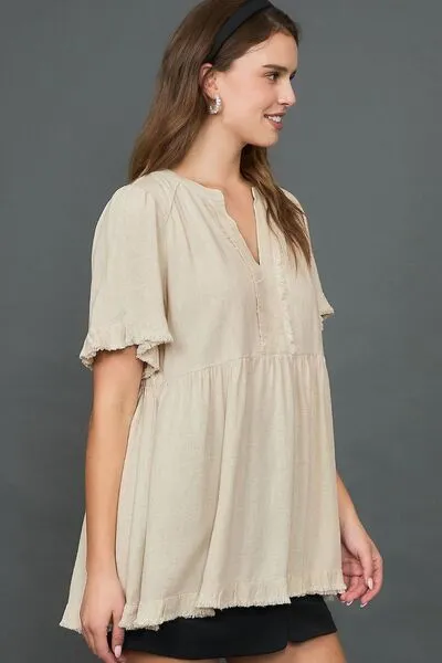 Hazel Blues® | Umgee Raw Hem Notched Babydoll Linen Blouse