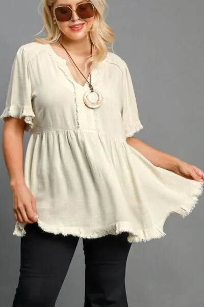 Hazel Blues® | Umgee Raw Hem Notched Babydoll Linen Blouse