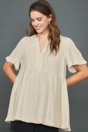 Hazel Blues® | Umgee Raw Hem Notched Babydoll Linen Blouse