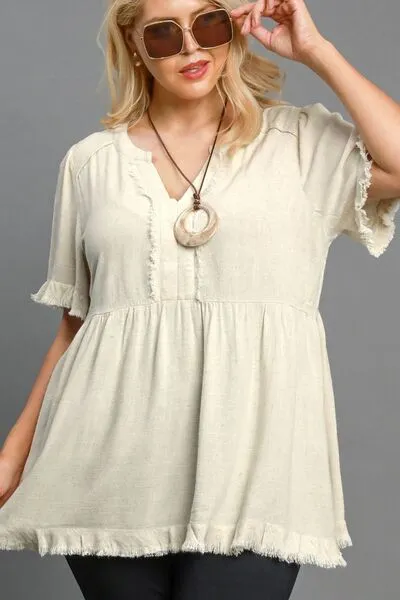 Hazel Blues® | Umgee Raw Hem Notched Babydoll Linen Blouse