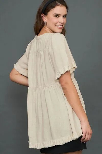 Hazel Blues® | Umgee Raw Hem Notched Babydoll Linen Blouse