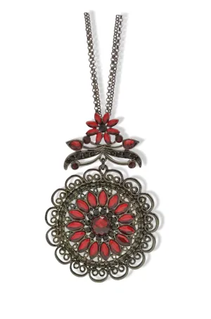 Hematite-Tone Necklace with Red Crystal Filigree Pendant #255RD15 (1D9/1A5)