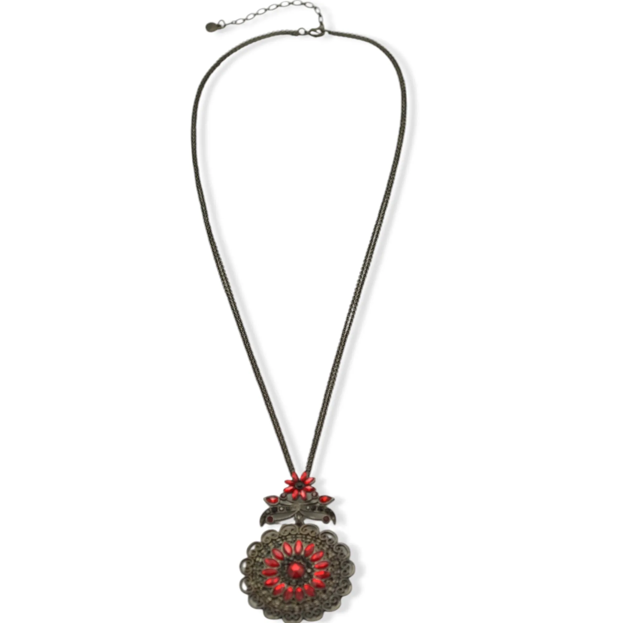 Hematite-Tone Necklace with Red Crystal Filigree Pendant #255RD15 (1D9/1A5)