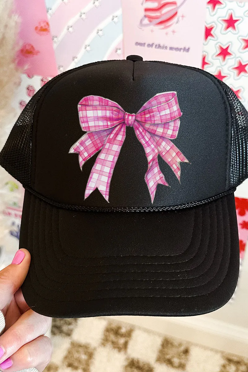 Hot Pink Gingham Bow Otto Black Foam Front Trucker Hat