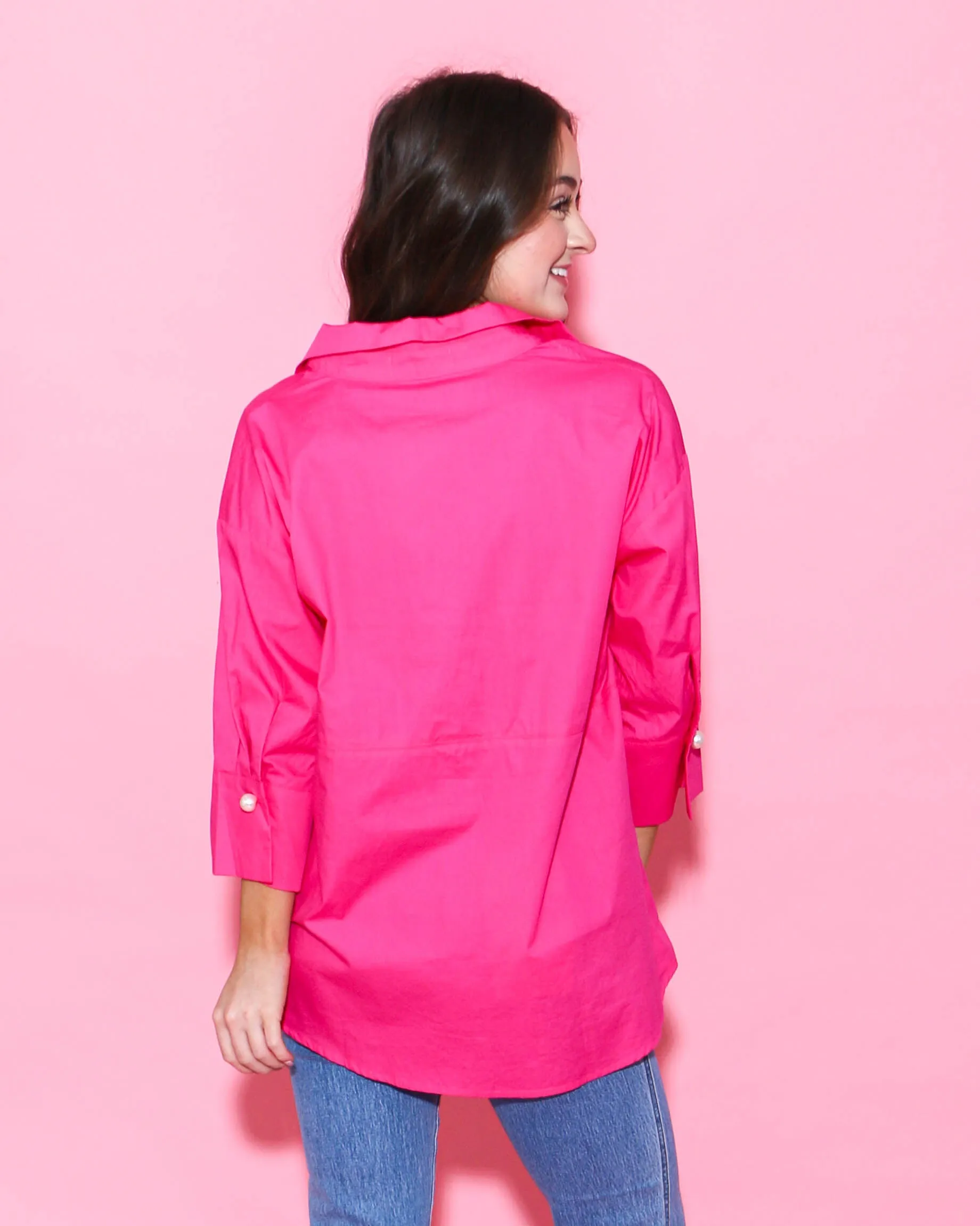 Hot Pink Solid Collared 3/4 Sleeve Top