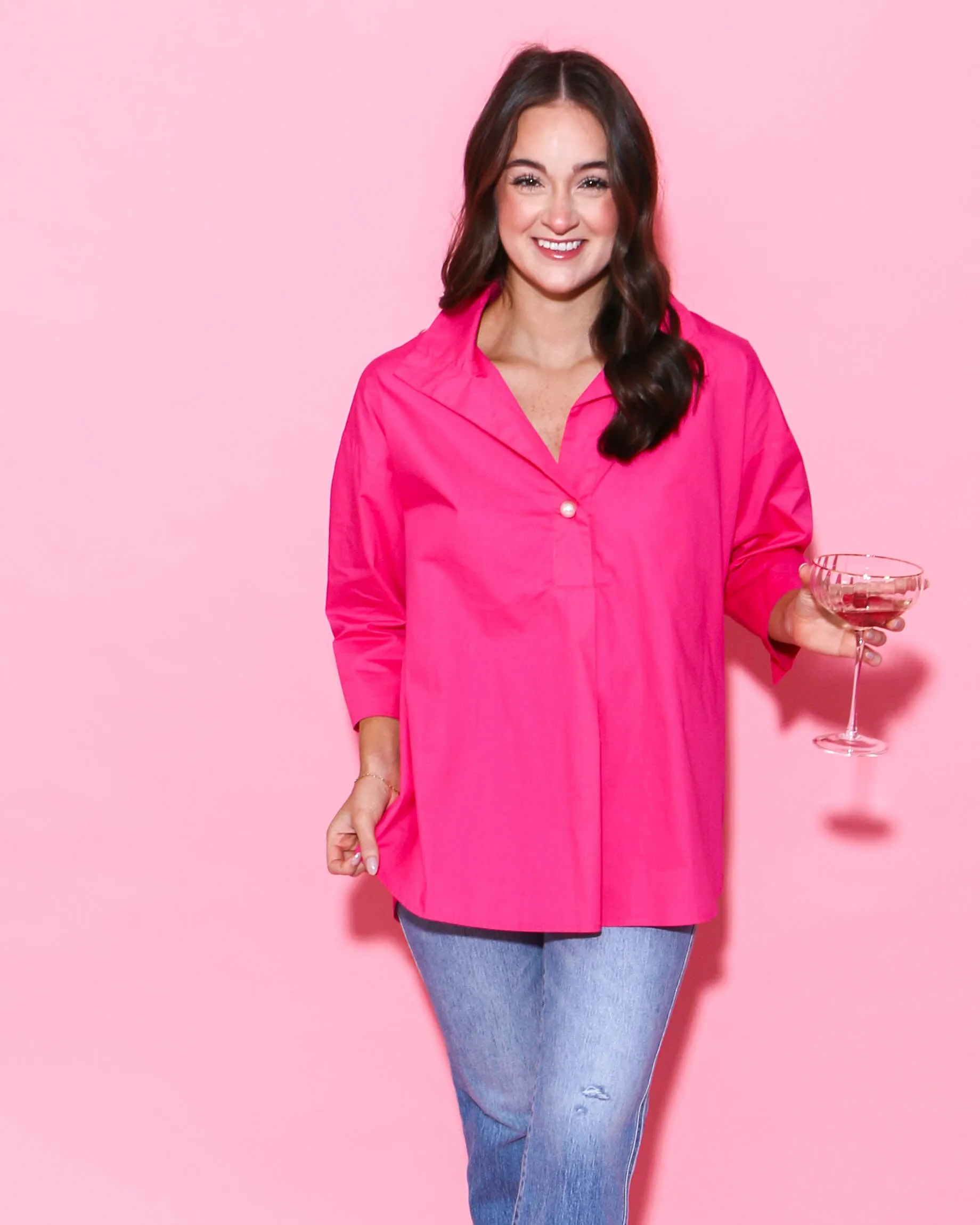 Hot Pink Solid Collared 3/4 Sleeve Top