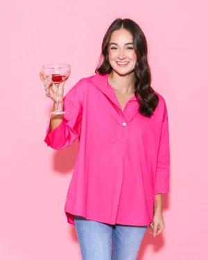 Hot Pink Solid Collared 3/4 Sleeve Top