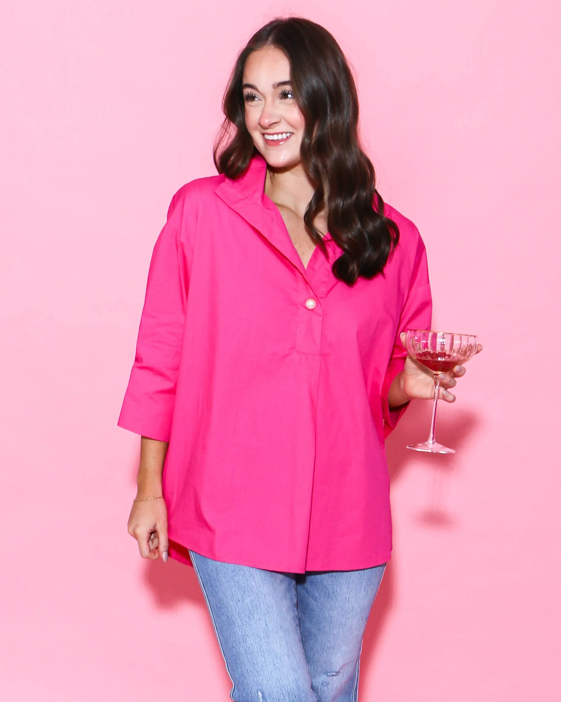 Hot Pink Solid Collared 3/4 Sleeve Top